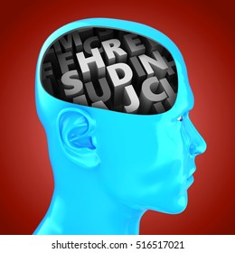 3d Illustration Of Letters Inside Head Over Red Background