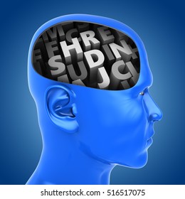 3d Illustration Of Letters Inside Head Over Blue Background