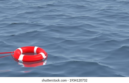 3D illustration.Red Lifebuoy in ocean  Emergency lifesaver buoy in water. Saving Lives . Lifeguard equipment with rope floating in sea. lifeguard.3D Render 