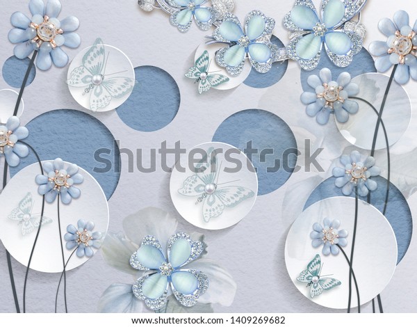 明るい背景に3dイラスト 青と白の円 明るい青の妖精の花と蝶 のイラスト素材
