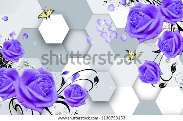3d illustration, light background, honeycomb, blue roses, yellow butterflies
