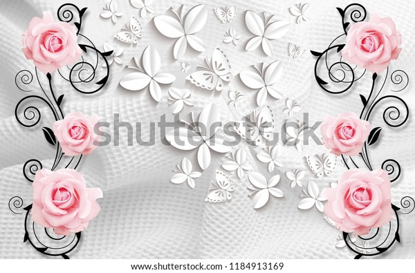 3D illustration, light background with paper butterflies and pink roses.