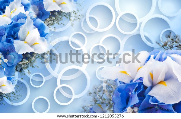 3d illustration, light blue background, white rings, blue and white flowers