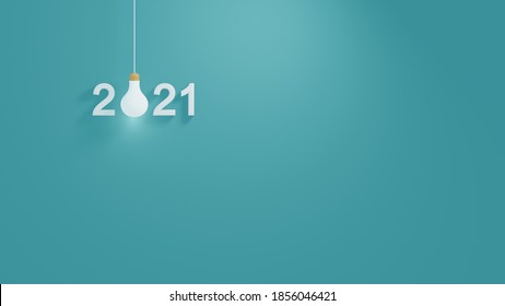 3D Illustration. Light Bulb With Number 2021 Plans And Copy Space On Green Blue Background. Business Plan And Strategy Concept With Idea In Year 2021