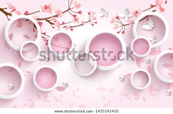 3d illustration, light pink background, white rings, pink circles, flowering branches, pearls, white paper butterflies