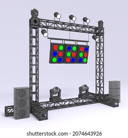 3d Illustration Lighting Beam Spotlight And Speaker Sound With Rigging Truss System Metal Construction For Event Exhibition. Image Background Isolated.