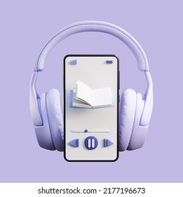 3d illustration lilac headphones wrap around the phone paper sheets are flipped, play buttons, audio track, audiobook, podcast - Powered by Shutterstock