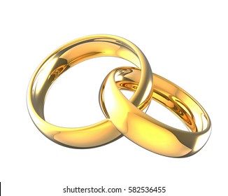 3d Illustration Linked Gold Wedding Rings Isolated On  White Background.