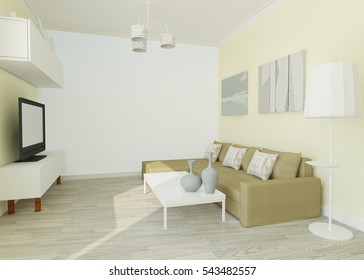 3D illustration of a living room with a corner sofa and space for your wallpaper
