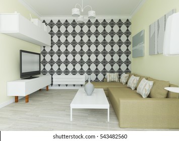 3D illustration living room with corner sofa and oriental-style wallpaper