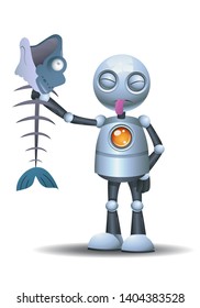 3D Illustration Of A Llittle Robot Sticking It Tounge Out While Holding Rotten Food On Isolated White Background