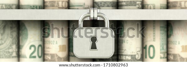 3D\
illustration, Locked money (US Dollar\
bills)