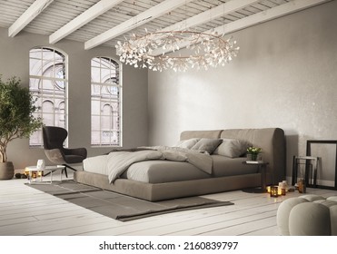 3d Illustration


Loft Bedroom. With Large Windows With Natural Light. Cityscape. Bed With Messy Sheets. Casual Decoration Wooden Beam Ceiling With A Large Lamp.