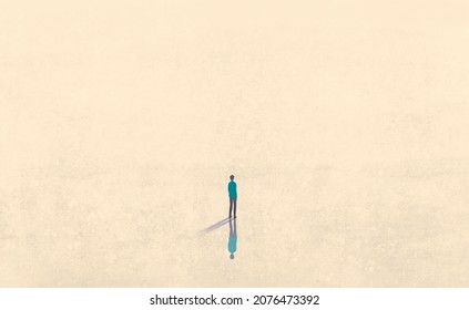 3d Illustration Of Lonely Lost Man In White Space ,surreal Art,  Alone Loneliness And Solitude Concept Artwork, Conceptual Painting 