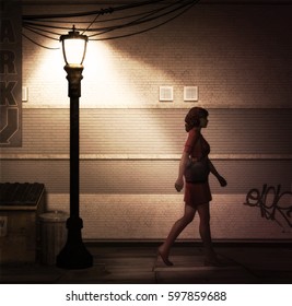 3d Illustration Of A Lonely Woman Walking At Night In A Dark Alley.