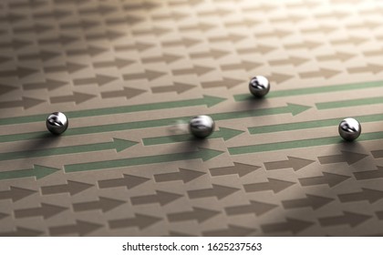 3D illustration of long and short arrows with spheres moving from left to right. Concept of acceleration.
