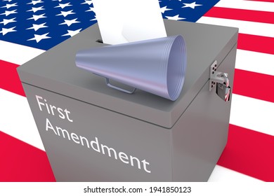 3D illustration of a loudspeaker on a ballot box and a First Amendment script on its side, with US flag as a background.
