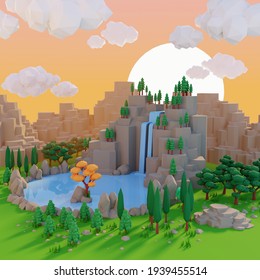 3d Illustration Low Poly Landscape Waterfall 