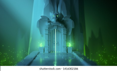 3d illustration of low poly mystical dungeon with a gate in the rock. Game locations with poisons. Above the stone gates is a dragon sculpture with glowing green eyes. Stylized art with bokeh effect.