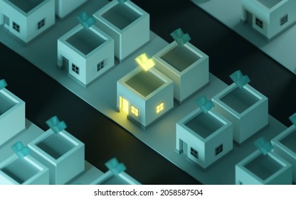 3d Illustration Of Low Poly Residence With In Night Eve With Only One House Light On Rendered In Isometric View