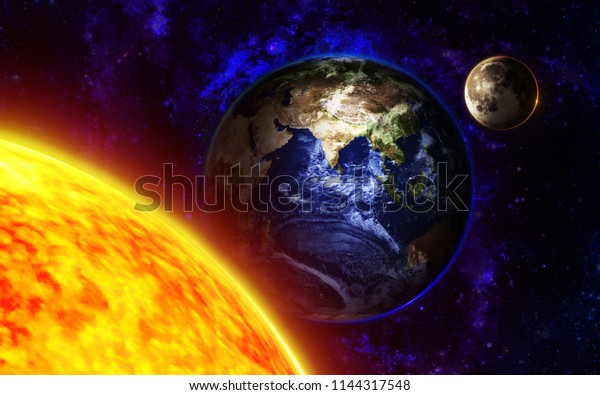 3D Illustration of Lunar Eclipse with Earth, Moon\
and Sun on the space
