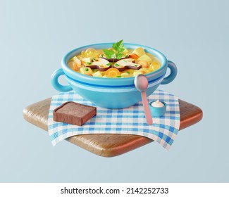 3d Illustration Of Lunch, With Mushroom Soup, Black Bread And Sour Cream, With A Tablecloth On A Wooden Table. 3D Rendering Of A Cartoon Lunch.