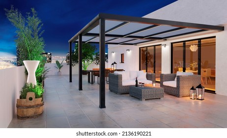 3D Illustration Of Luxury Attic Apartment With Private Patio And Pergola.Twilight Scene With Rattan Decor Furniture And Glowing City In Background.