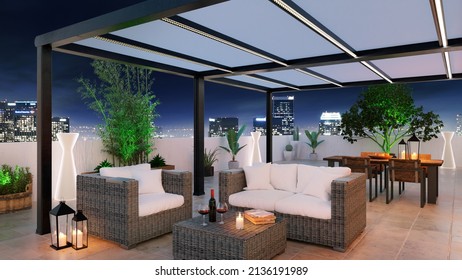 3D Illustration Of Luxury Attic Apartment With Private Patio And Pergola.Twilight Scene With Rattan Decor Furniture And Glowing City In Background.