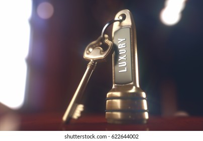 3D Illustration. Luxury Hotel Key On The Wooden Table Of The Lobby Service.