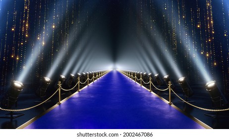 Ilustración 3D de Lujo Moqueta Azul Moderno Entrada con Luces Spot Partículas Golden Falling Shimmer para la noche de premio de reconocimiento de show. Ceremonia de boda de paparazzi en el concierto nocturno de moda