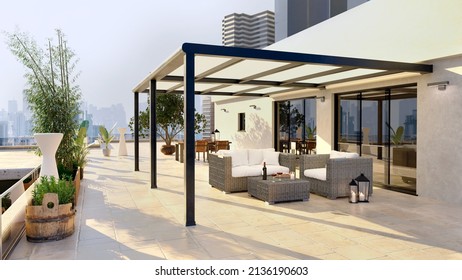 3D Illustration Of Luxury Top Floor City Apartment With Private Pergola And Rattan Decor Furniture. Scenic View With City In Background. 