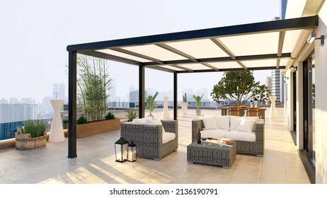 3D Illustration Of Luxury Top Floor City Apartment With Private Pergola And Rattan Decor Furniture. Scenic View With City In Background. 