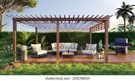 3D Illustration Of A Luxury Wooden Teak Deck With BBQ Grill And Decor Furniture. Front View Of A Wooden Pergola In Green Garden.