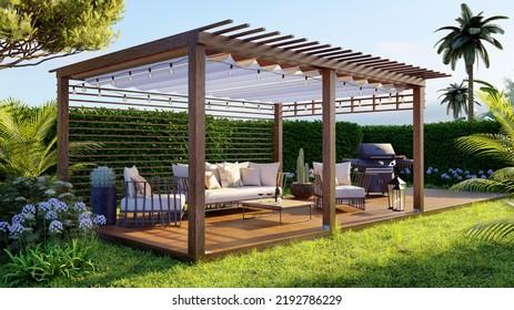 3D Illustration Of A Luxury Wooden Teak Deck With BBQ Grill And Decor Furniture. Side View Of A Wooden Pergola In Green Garden.