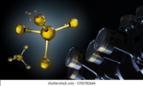 3D Illustration Of Machine Oil Molecule On The Background Of Engine