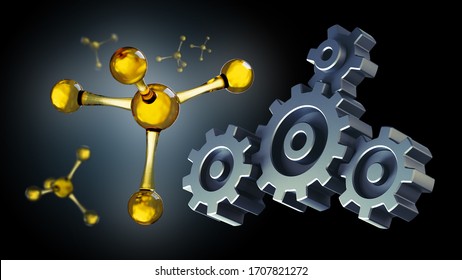 3D Illustration Of Machine Oil Molecule On The Background Of Gears