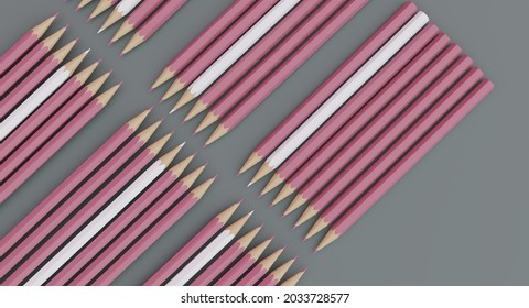 3D Illustration Of Magenta And White Pencil On A Grey Background Arranged Straight Line For Business Study And School Start Top View