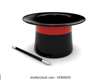 3d Illustration Of Magic Hat And Stick Over White Background