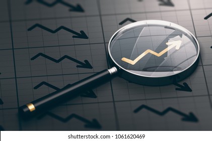 3D illustration of a magnifying glass over a golden positive chart symbol. Concept of investing opportunities and excellent investment.