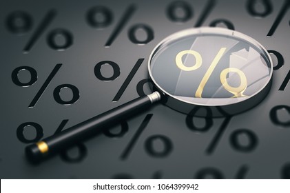 3d illustration of a magnifying glass over black background with percentage symbols and focus on a golden one. 