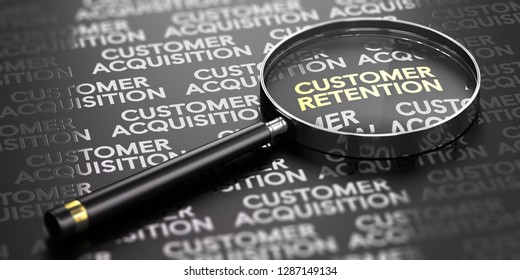 3D Illustration Of A Magnifying Glass Over Black Background With The Words Customer Retention And Acqisition. Business Or Marketing Concept. 