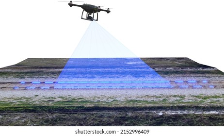 3D illustration of maintenance railway drone with dgital model elevation: photogrammetry and GIS performed by drone on the railroad tracks