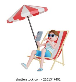 3d illustration of male character relaxing on summer folding chair while using tablet. 3d rendering. - Powered by Shutterstock