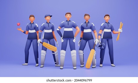 3D Illustration Of Male Cricket Player Team On Blue Background.