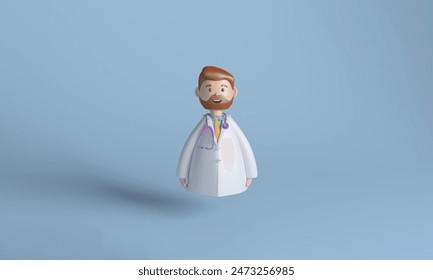 3D illustration of a male doctor character with a stethoscope, set against a blue background, symbolizing healthcare and medical profession. - Powered by Shutterstock