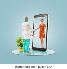 3d illustration of a male doctor standing in front of smartphone screen shaking hands with his patient. Health care Smartphone apps. Online medical consultation and support concept. - Powered by Shutterstock