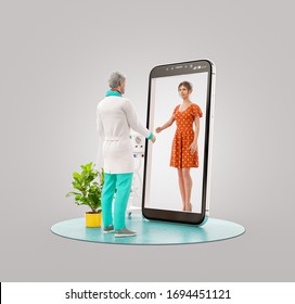 3d illustration of a male doctor standing in front of smartphone screen shaking hands with his patient. Health care Smartphone apps. Online medical consultation and support concept. - Powered by Shutterstock