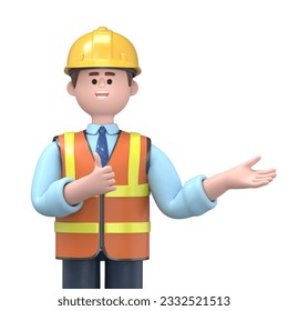 3D illustration of male engineer Owen standing over blue background showing palm hand and doing ok gesture with thumbs up, smiling happy and cheerful.
 - Powered by Shutterstock