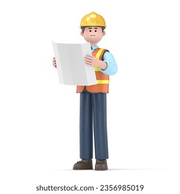 3D illustration of male engineer Owen with reading a drawing.3D rendering on white background.
 - Powered by Shutterstock