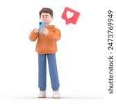 3D illustration of male guy Qadir smiling at her phone. Female character holding phone with like popping up on the mobile screen. Mockup 3d illustration